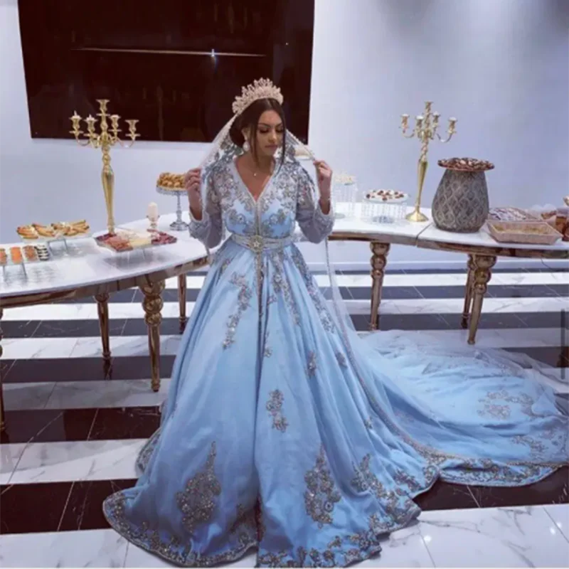 

Stunning Appliques Moroccan Kaftan Bridal Dress With Train Sky Blue Beaded Long Sleeve Dubai Saudi Arabia Wedding Gowns Custom