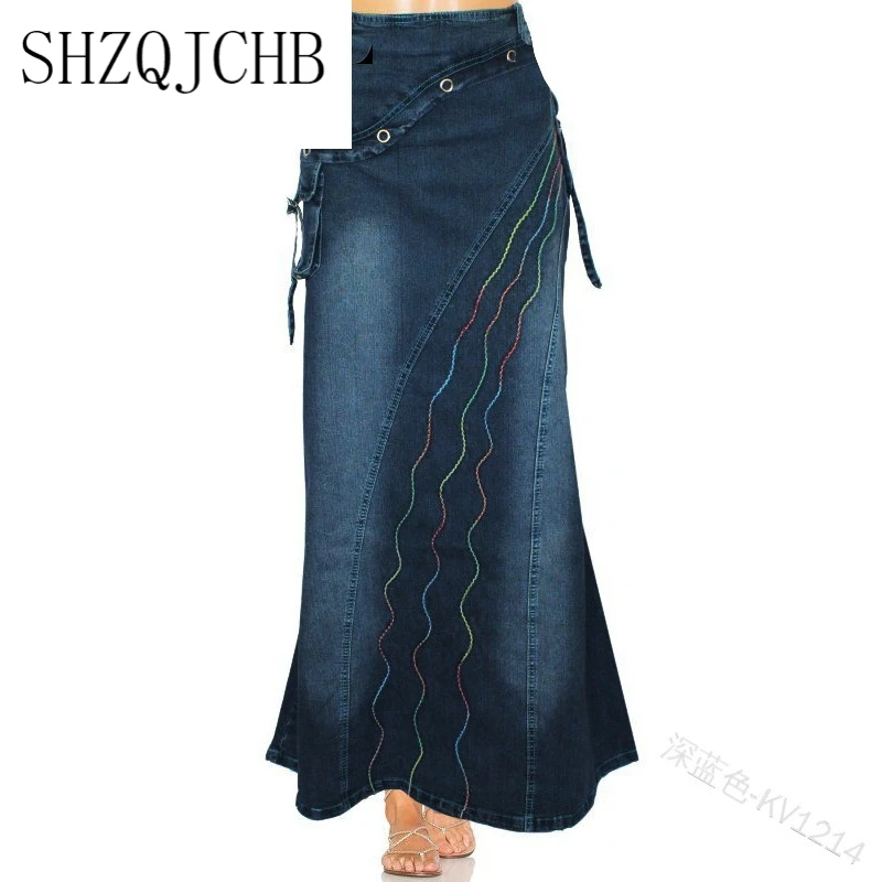 

JCHB Women's Fashion Vintage Long Denim Skirt High Waist Pocket Ruffles Mermaid Maxi Skirt Plus Size Jean Skirts S-3XL
