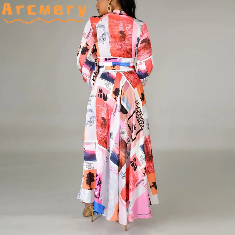 

2 Pieces Sets Women Paper Printed Long Sleeve Shirt & Maxi A-line Skirts