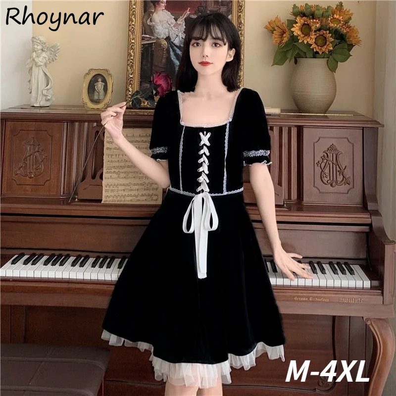 

Dress Women Oversize Elegant Puff Sleeve Sweet Girls Patchwork High Waist Bandage Holiday Party Evening Club Students Cozy Retro