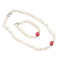 natural 9 10mm double sided light pearl 12mm coral bead bracelet necklace set for women jewelyy