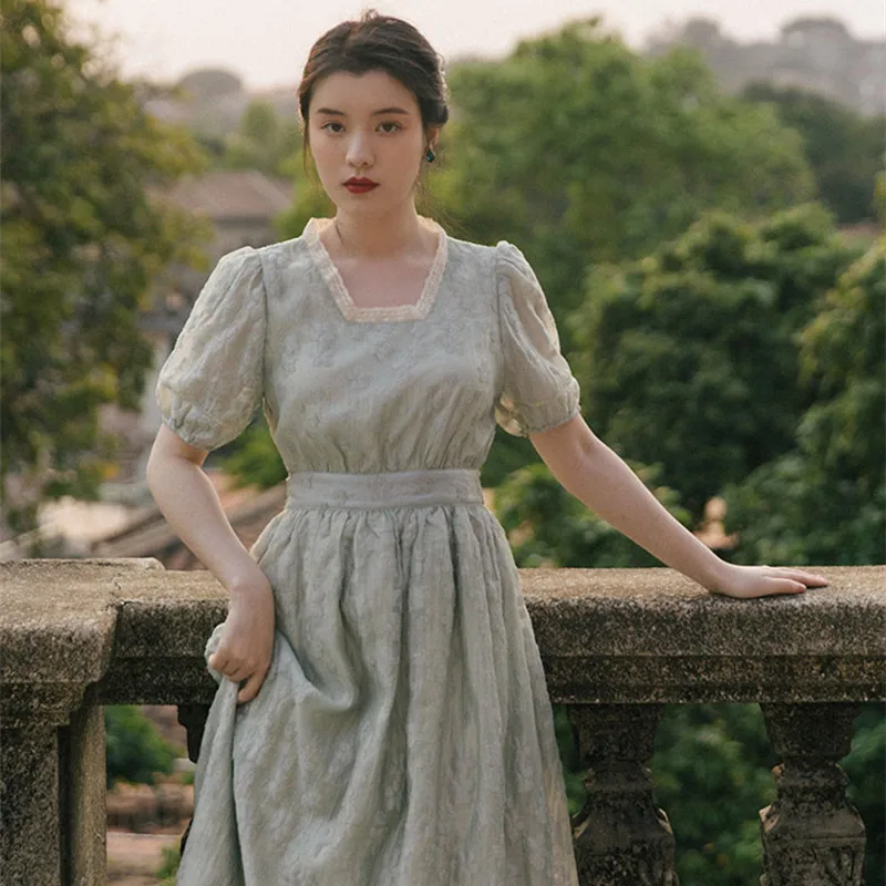 

Dandelion menina feminina retro vestido chique sentido nicho colarinho quadrado primeiro amor doce puff manga midi vestido