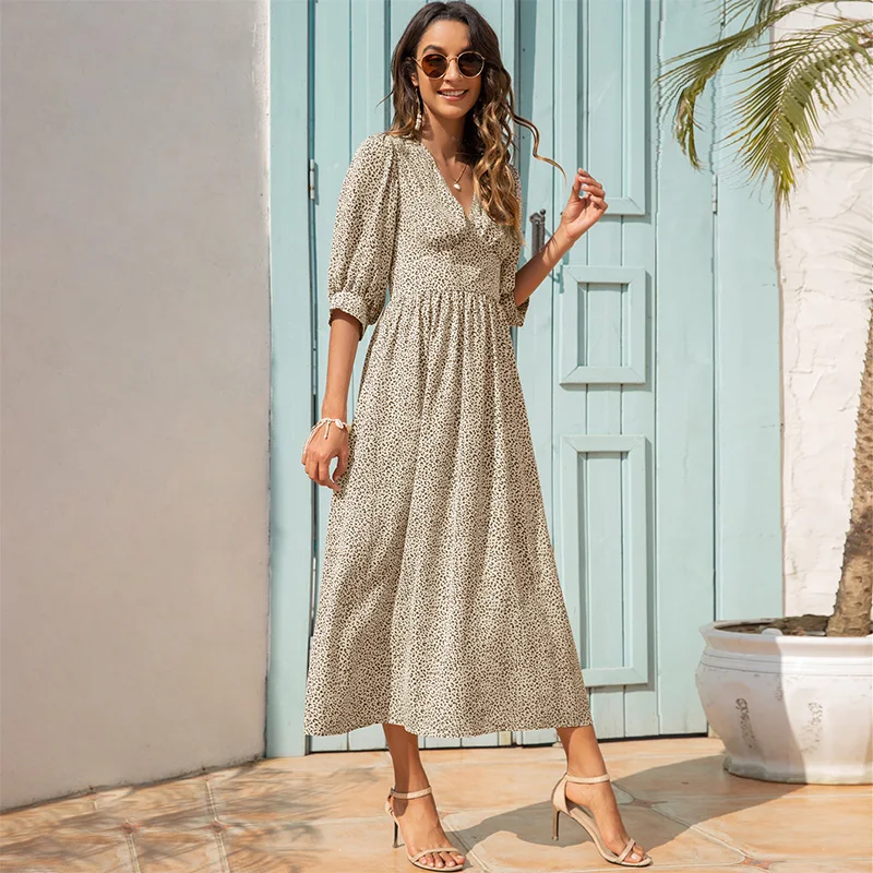 

Summer New Print Floral Lantern Sleeve Dress Women Clothes Casual Loose V Neck Elegant Streetwear Big Swing Dresses