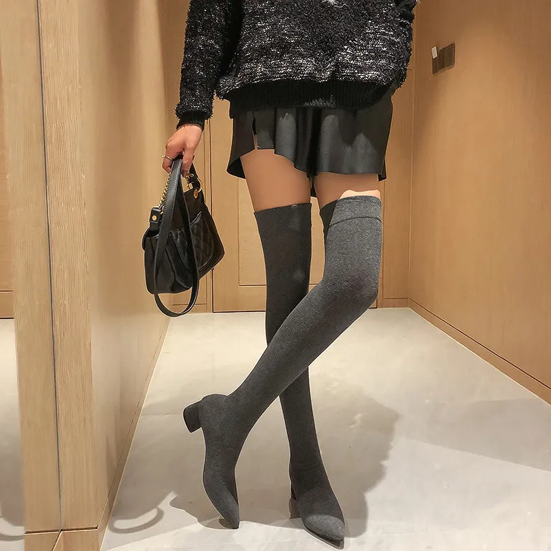 

ZJVI Stretch Wool Autumn Winter Thigh High Over The Knee Boots Pointed Toe Sexy Girls Woman Nubuck Women Square Heels Shoes