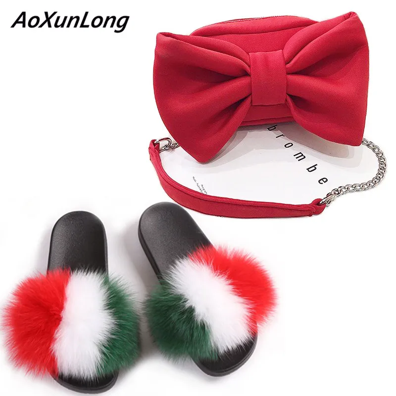 Модные тапочки с натуральным лисьим мехом Женская сумка бантом и цепочкой через