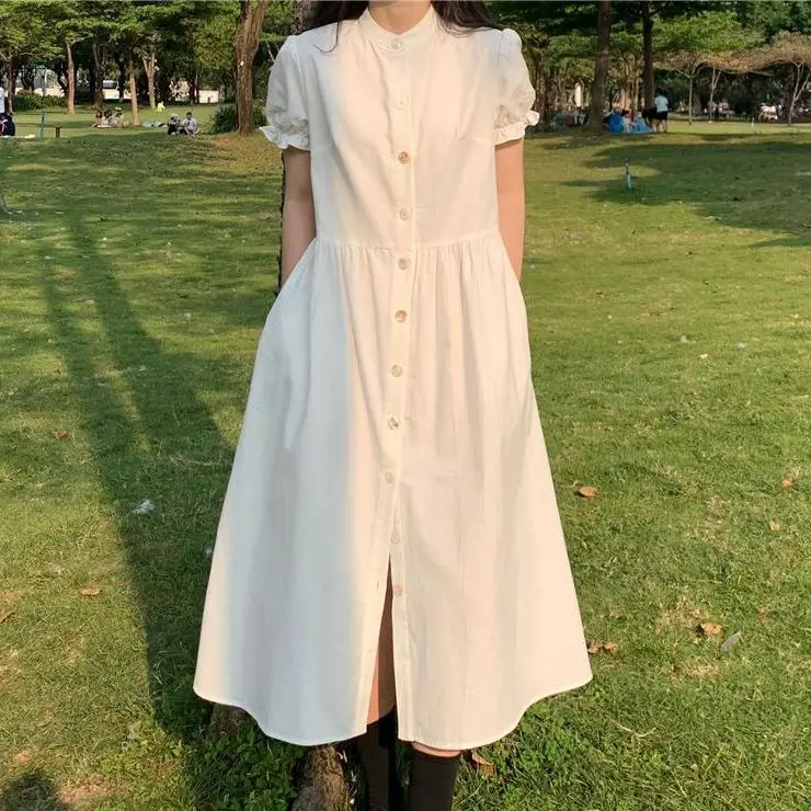 Korean Fashion And Elegant Bubble Short-Sleeved Ladies Dress Summer Retro Ruffle Skirt Solid Color Single-Breasted Long Skirt 