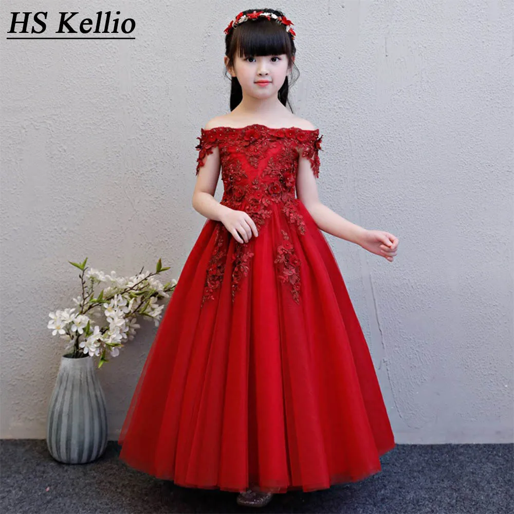 Детское рождественское платье Бордовые Платья с цветочным узором для девочек