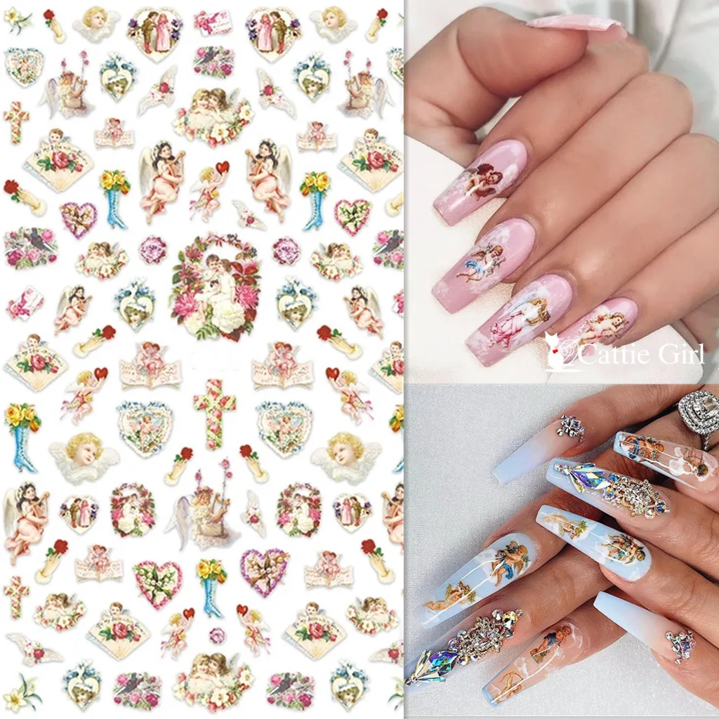 1sheet  Angel Nail Art 3D Stickers Vintage Flower 3D Nail Art Stickers Black Nail Stickers Decals Adhesive Sticker Tattoo Slides