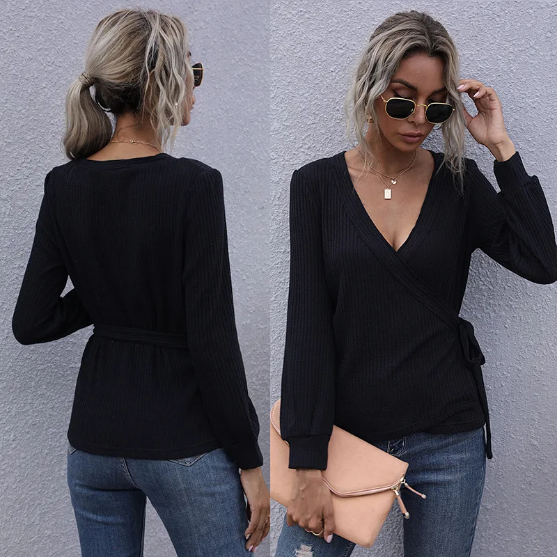 

winter new long-sleeved solid color self-cultivation commuter black pullover V-neck bottoming shirt T-shirt female