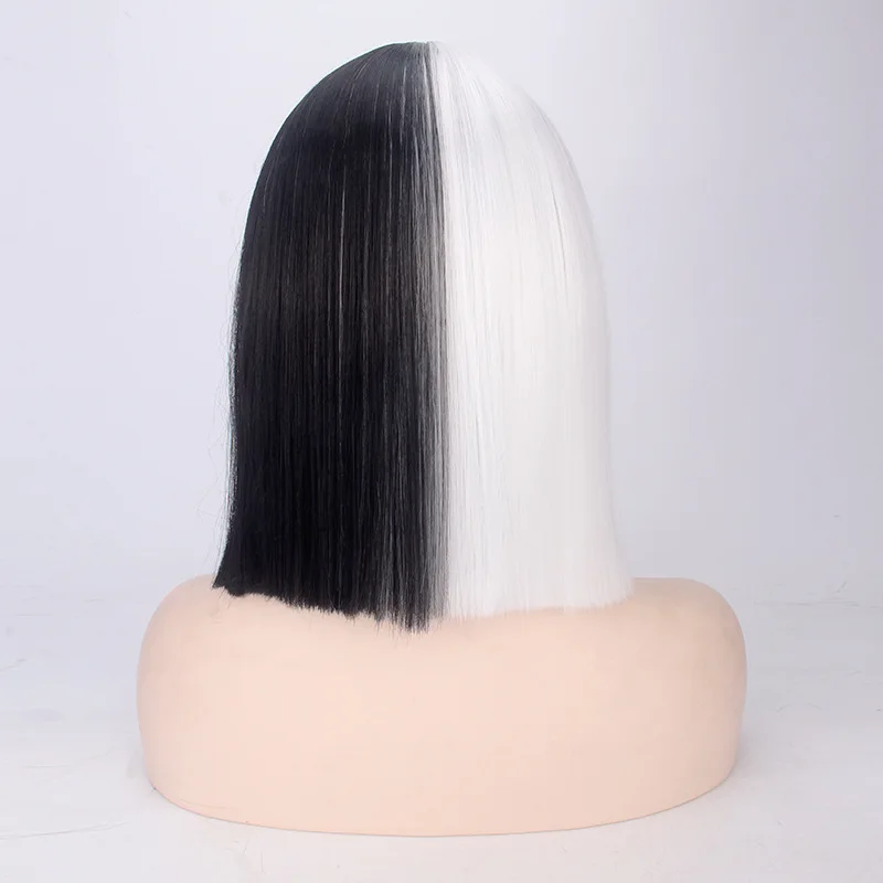 

This is Acting SIA Cosplay Wig 35cm Half Blonde Black Bob Wigs With Bangs Women short Straight Synthetic Hair Halloween Costume