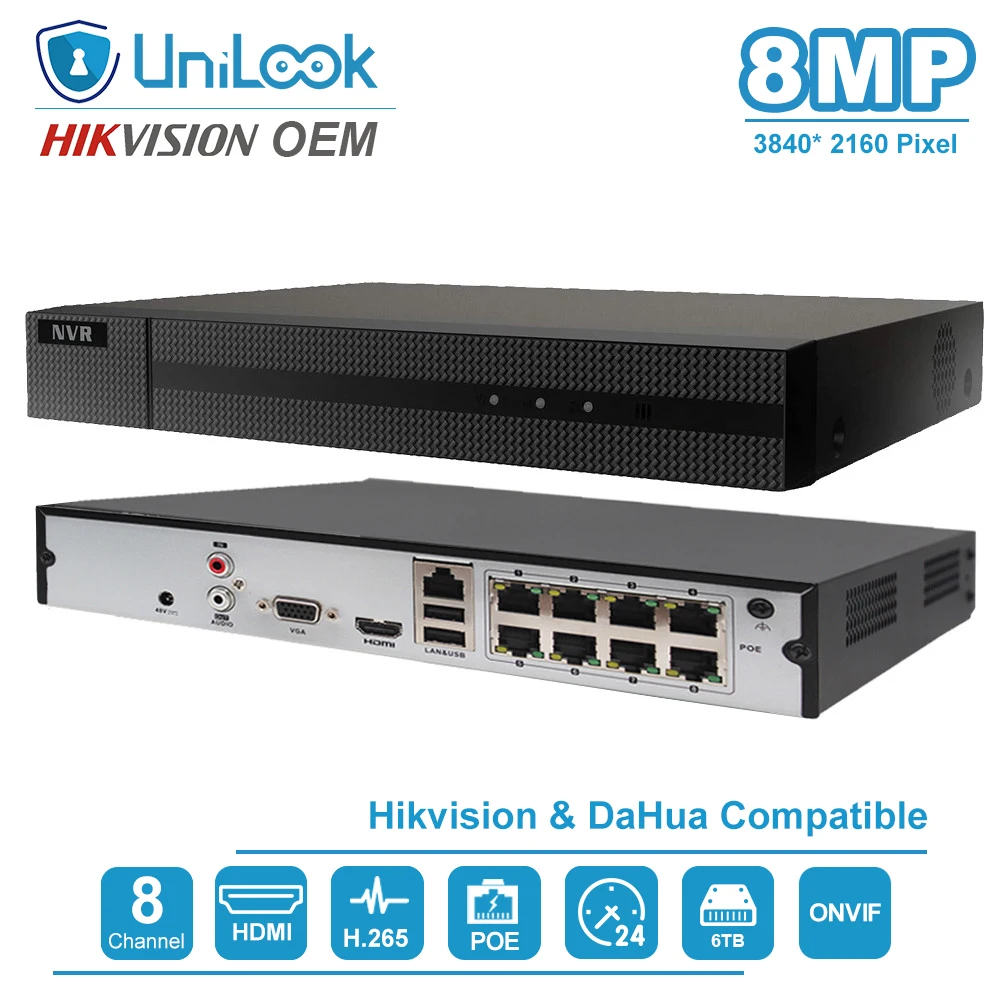 UniLook Hilook 4K Hikvision OEM серия 8CH POE NVR ONVIF Совместимость Поддержка до 6 ТБ HDD USB Резервное