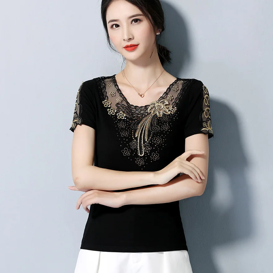 Модная женская блузка с коротким рукавом рубашка элегантная приталенная вышитая