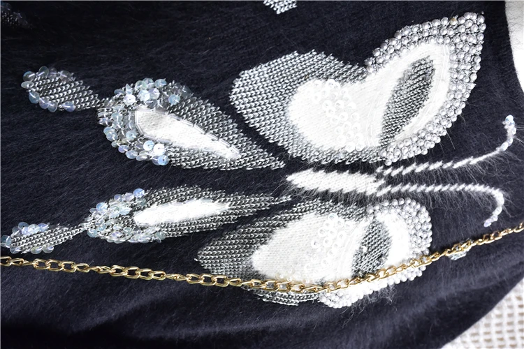 

1 Ladies vintage angora rabbit fur bowknot pattern embroidery beading loose long sleeves spring winter pullover women clothing