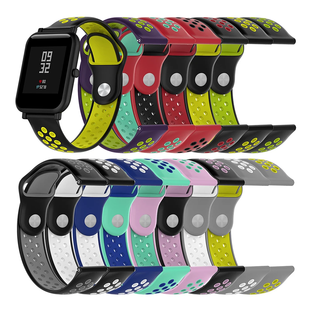20 мм двойной цветной силикон сменный ремешок для наручных часов Xiaomi Huami Amazfit Bip Молодежные часы для Amazfit Watch 1/2/2s