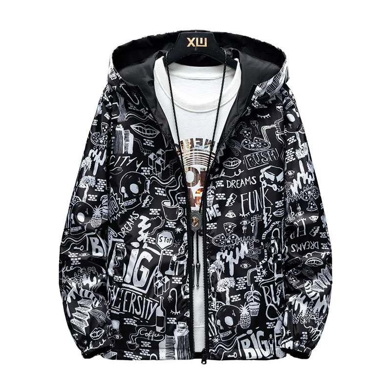 

2022 Strewear Graffiti Printed Fashion Reversible Jacket Men Thin Hooded Jackets Windbreakers Clothing M-5XL