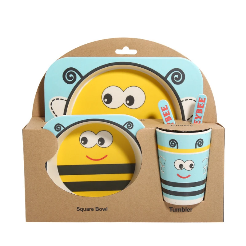 Bee 5 шт./компл. Детские тарелка посуда с изображением мультипликационных персонажей для детей, посуда для кормления c изображением животных, из детская натурального бамбукового волокна посуда с чаша Вилка чашка Ложка пластина - Цвет: Bee