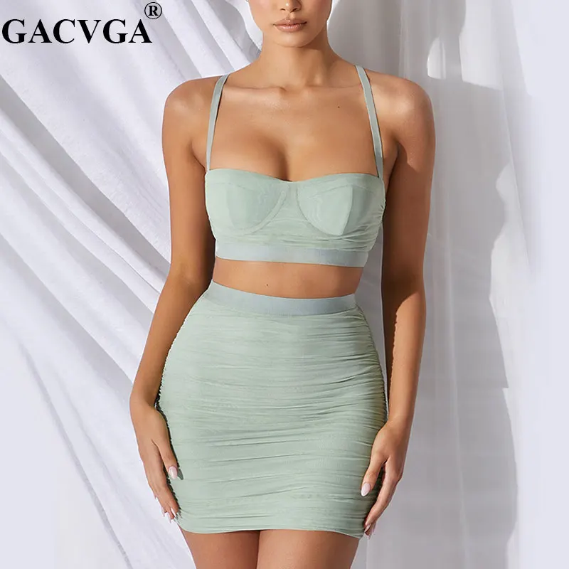 

GACVG A2020 Mesh Folds Sexy Summer Bodycon Dress Women Bandage Two Piece Mini Night Club Party Dresses Ladies Backless Vestidos