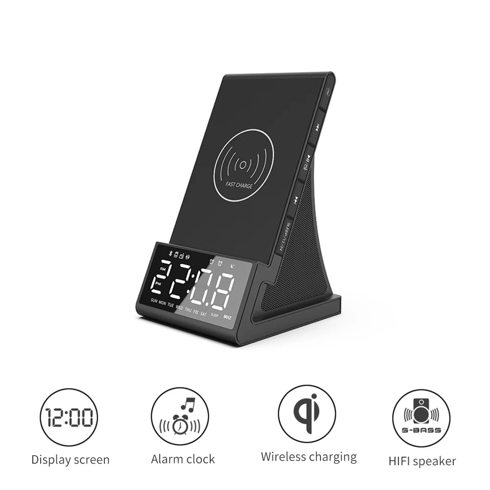 

Desktop Alarm Clock Speaker Bluetooth with Wirless/Wired Fast Charging Alarm Clock LED AUX TF HIF Speaker Phone Charger FM