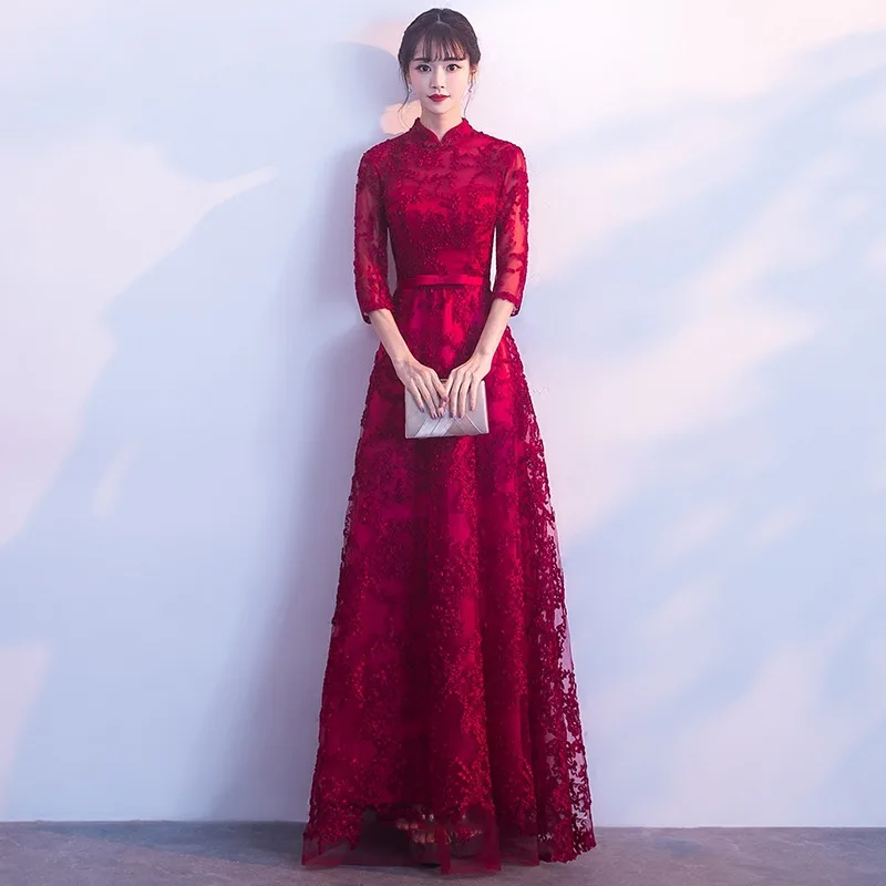 

Bride red Cheongsam Short Sleeve Oriental Womens Wedding Qipao Long Robe Clothes Party Dress Chinese Style new qipao dress