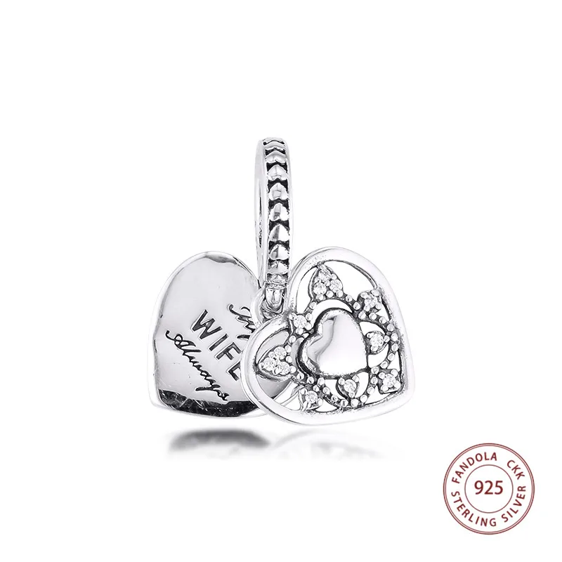

100% 925 Sterling Silver Charm Heart My Wife Always Beads Charms Fits European Bracelet DIY Jewelry Making Women Accessories