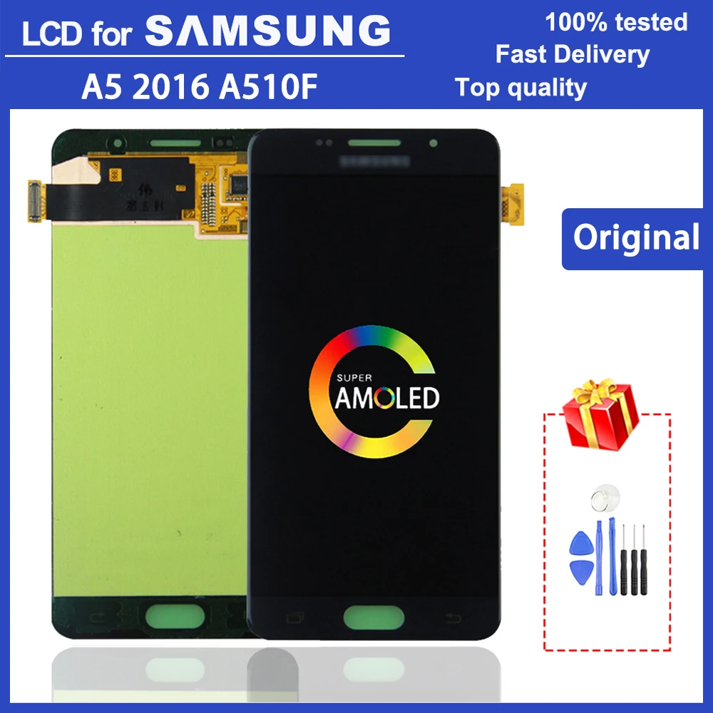 

Оригинальный ЖК-монитор Super AMOLED 5,2 дюйма A5 2016 для Samsung Galaxy A510F A510M A510FD A510, ЖК-сенсорный экран в сборе
