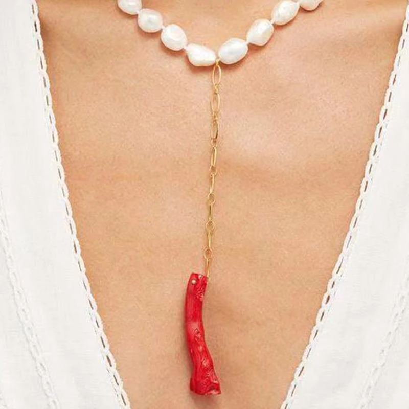 Модное ожерелье из пресноводного жемчуга Dm подвеска красного коралла аксессуары