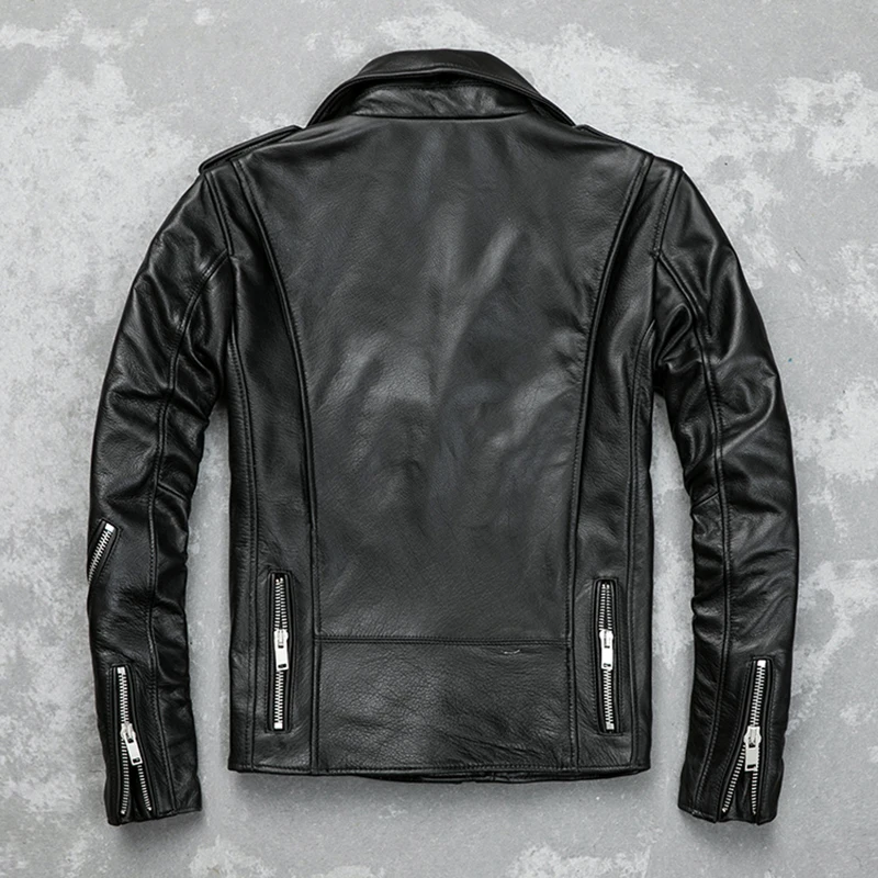 

Black Men 2020 Biker's Leather Jacket Double Diagonal Zipper Genuine Thick Cowhide Slim Fit Short Motorcycle Coat FREE SHIPPING