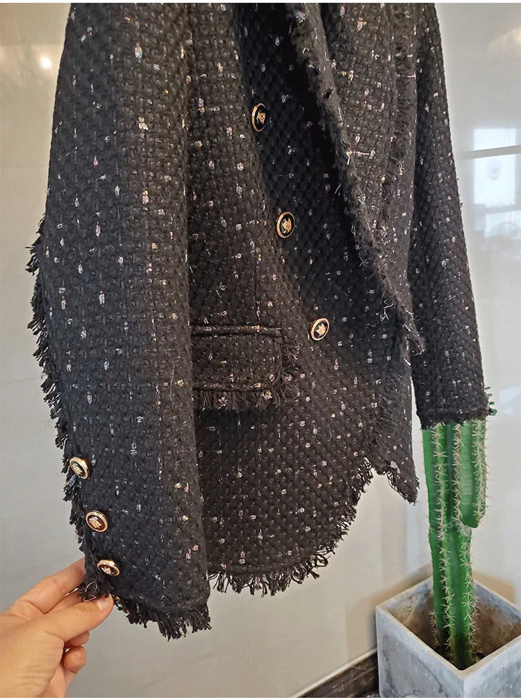 

Runway Autumn And Winter Luxury Turn-Down Collar Tweed Small Fragrance Coat Round Neck Double-Breasted Women Jacket Female