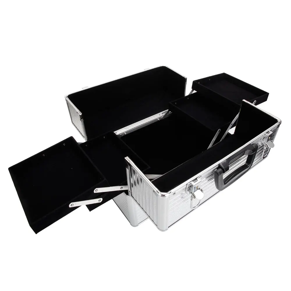 

[US-W]Handy Stylish Three Stripes Aluminum makeup storage box with drawers with Keys Silver 180821217