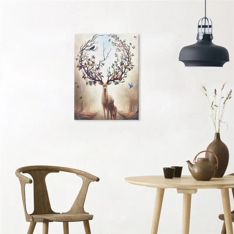 Картина маслом в скандинавском стиле с оленем и принтом | Дом сад