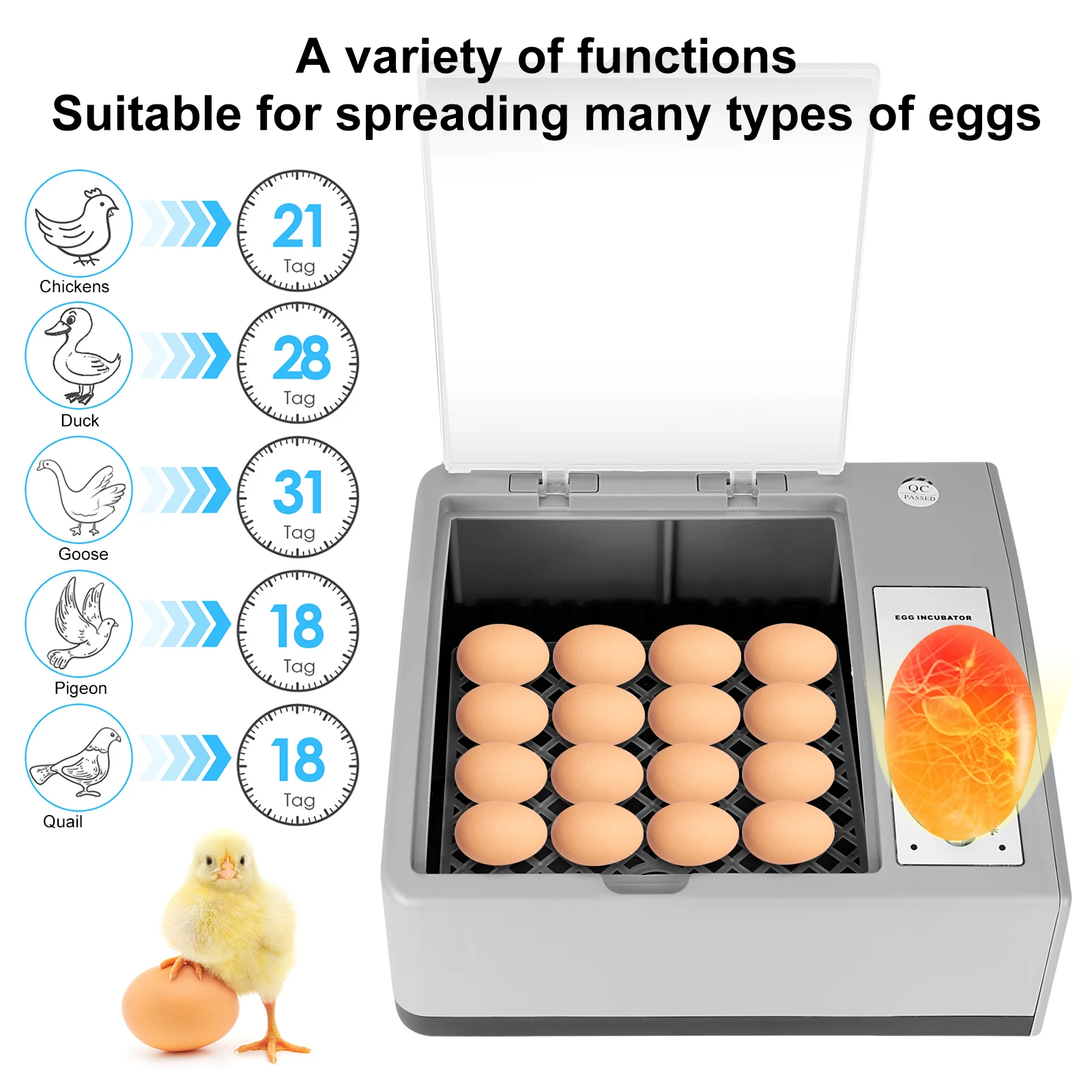

16pcs Egg Incubator Automatic Rotation Humidity Display With LED Candle Holder Temperature Control Egg Hatcher