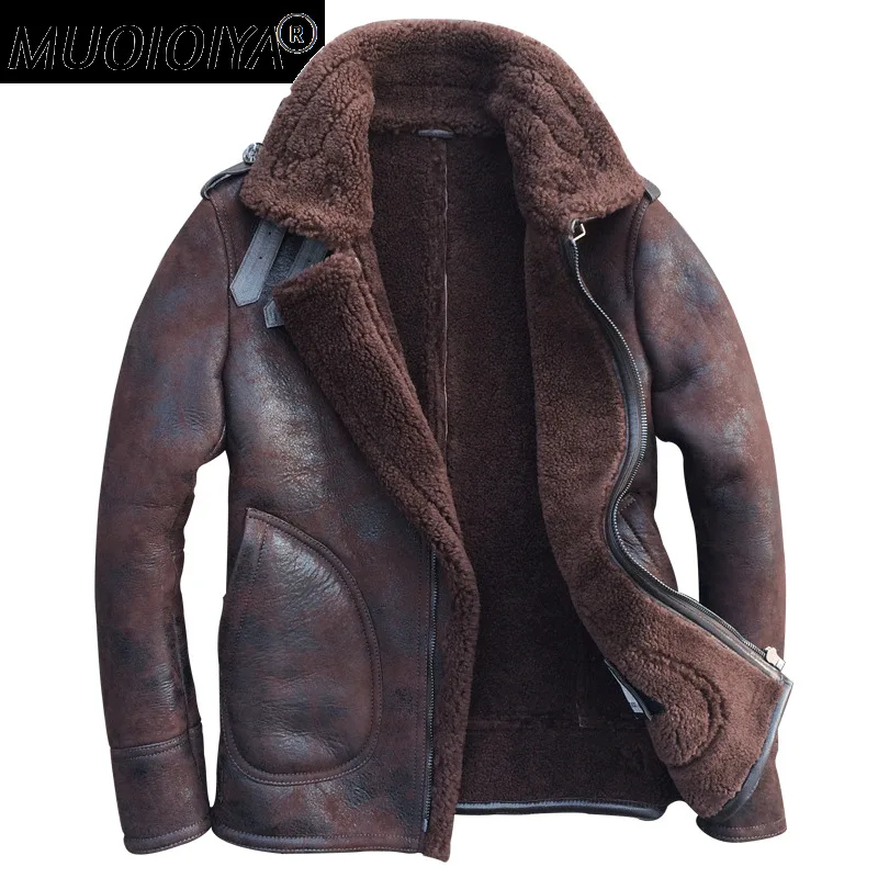 

MUOIOYIA Genuine Sheepskin Leather Jacket Men Real Sheep Shearling Jackets Mens Winter Coat Removable Cap Clothes Ropa LXR779