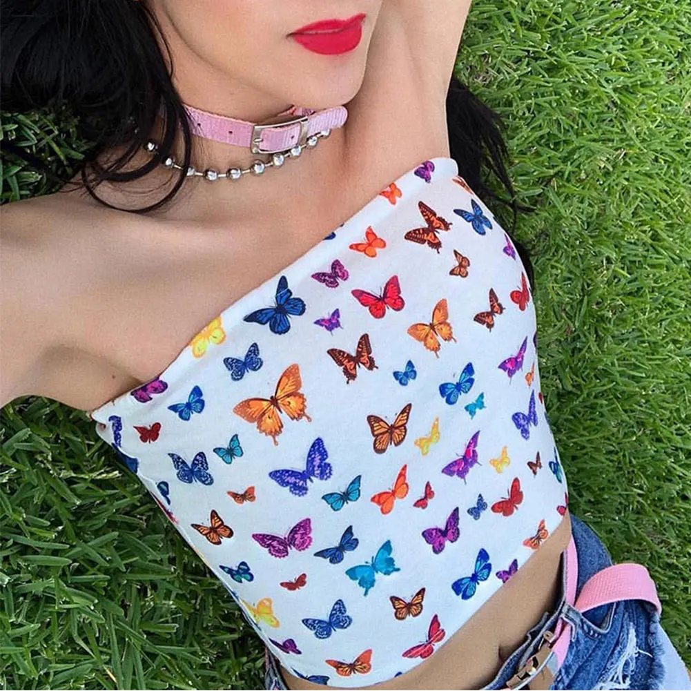 

Woman Elastic Vest Soft Print Slim Polyester Sexy Summer Tube Top Butterfly Wrapped Fashion Tops