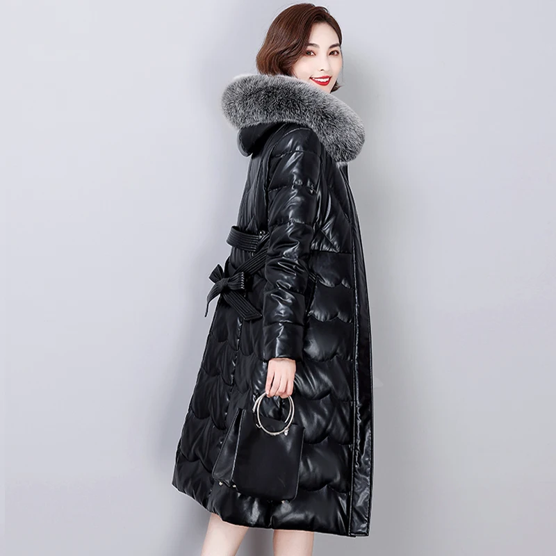 New Women Leather Down Coat 2022 Autumn Winter Thick Warm Fox Fur Collar Butterfly Belt Slim Long Sheepskin Down Jacket