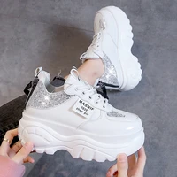 2021 new womens flash sports shoes leisure womens lace up zipper platform shoes fashion dad short fat black and white red