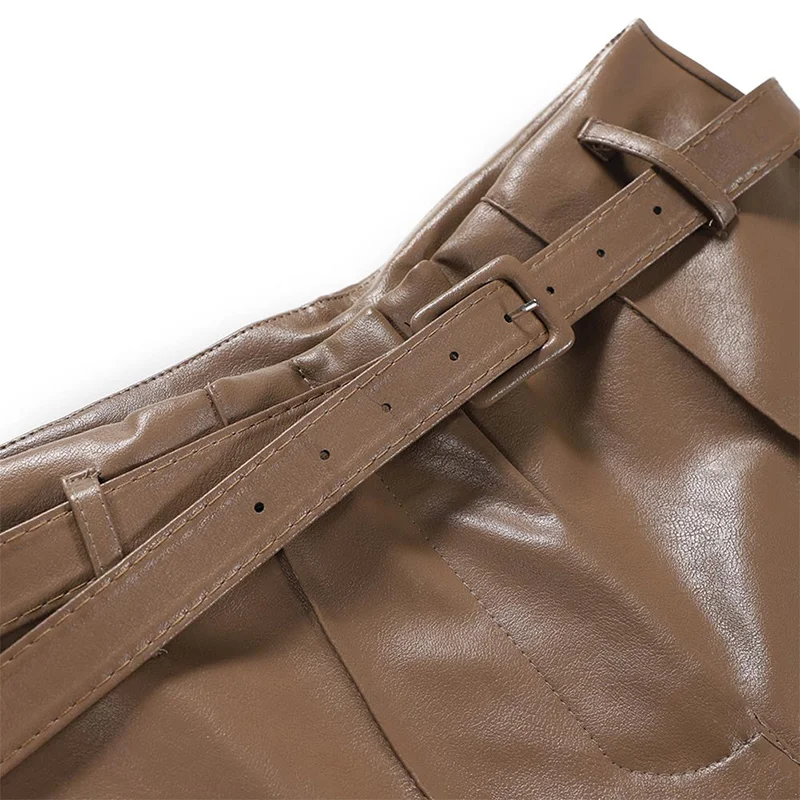 Autumn Faux PU Leather Pants Women With Belt High Waisted Wide Leg Anke-length Women's Trousers Winter NEW Fashion Clothes