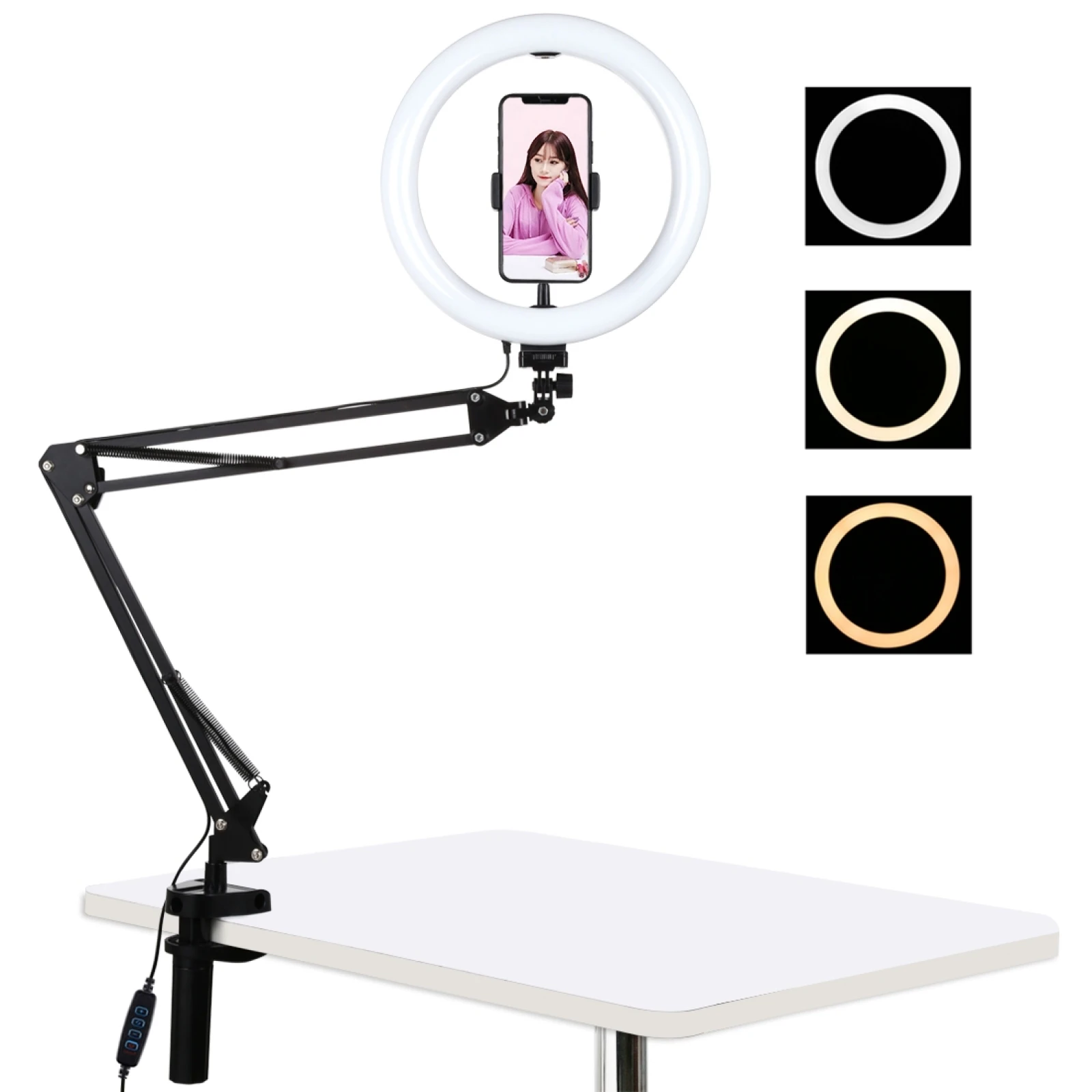 

PULUZ 10.2 inch 26cm Ring Curved Light + Desktop Arm Stand USB 3 Modes Dimmable Dual Color Temperature LED Vlogging Selfie Video