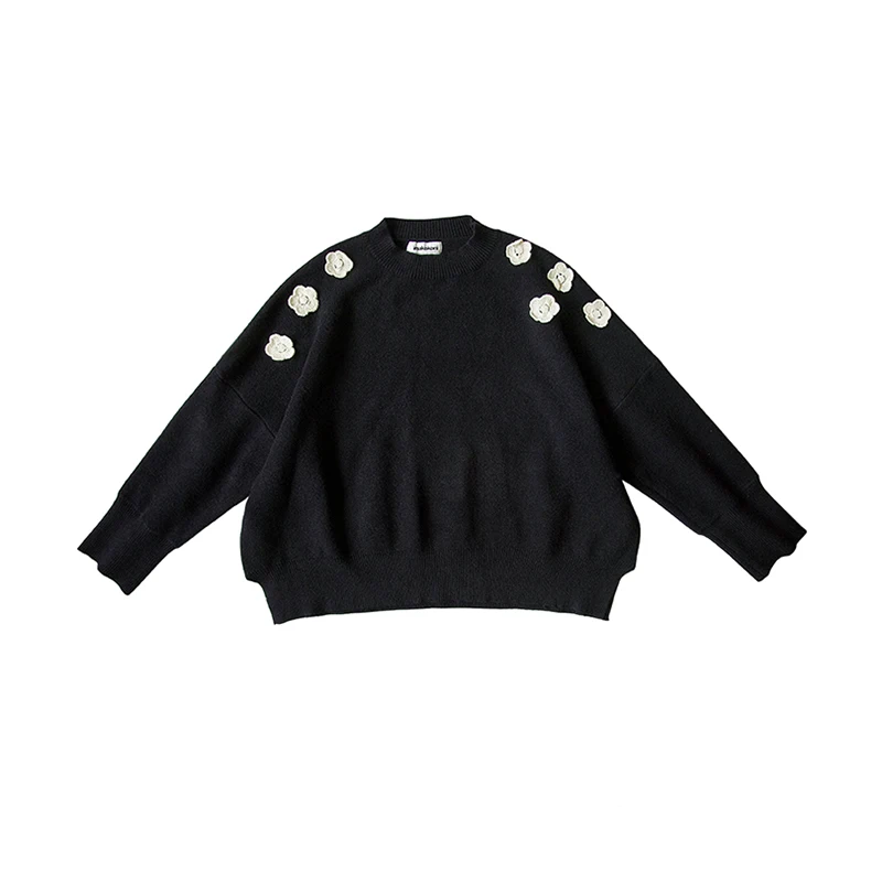 Imakokoni/свитер с черным цветком Оригинальный дизайн Свободный и дикий толстый