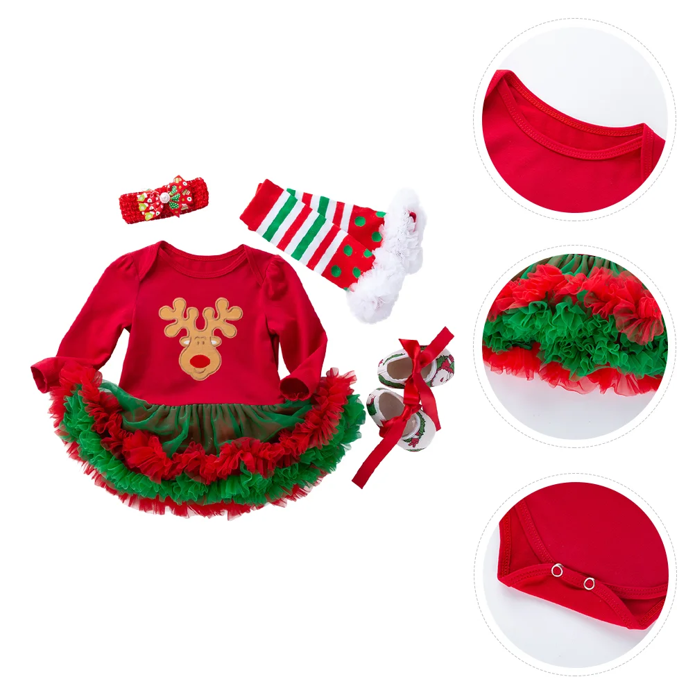 

1 Set Christmas Dress Kit Hairband Leg Warmer Cartoon Elk Dress Baby Girl Shoes