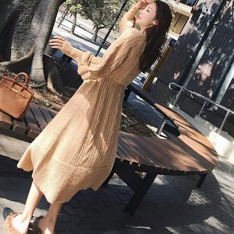 2020 Autumn Winter Lantern Sleeve Long Women Dresses Female Knitted Warm Dress Ladies A Line Knit Pullover Sweater Vestidos E13 | Женская