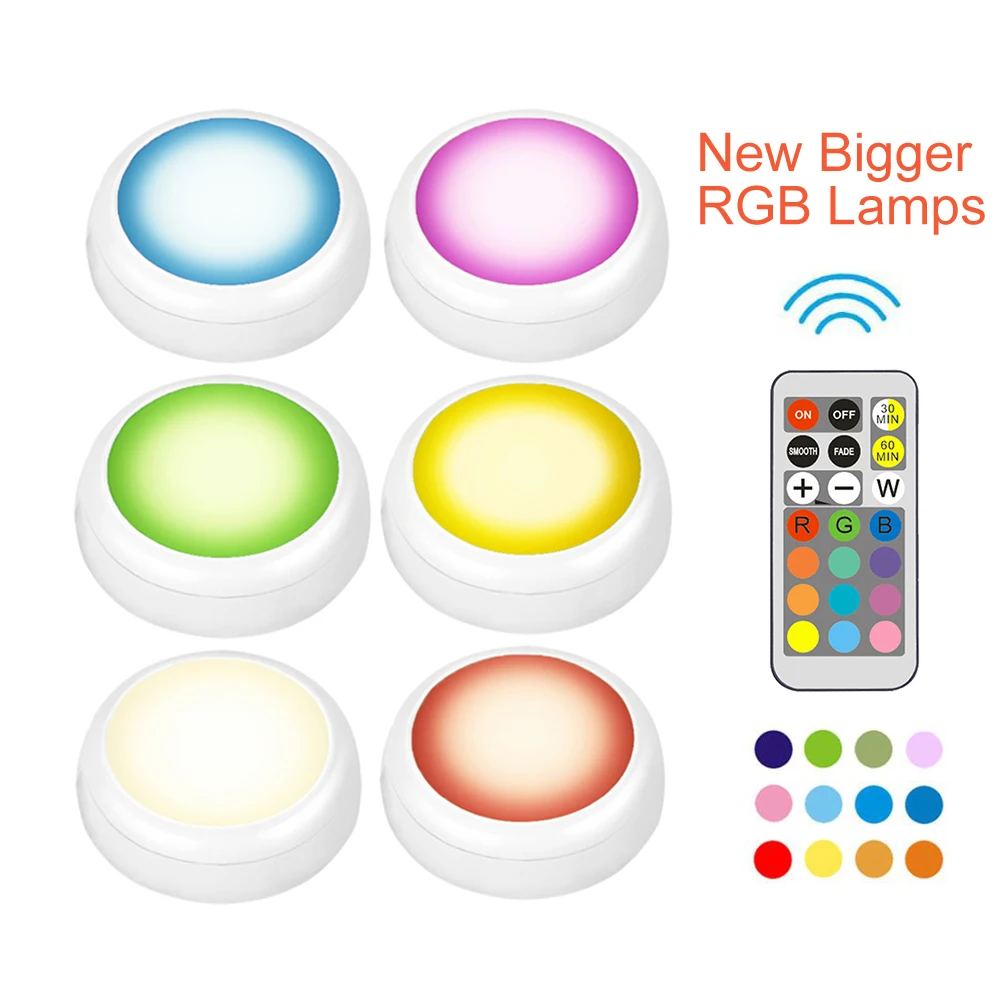 Светодиодный больше цветная(RGB) Цвет шкаф ночной Светильник батарея Точечный светильник с регулируемой яркостью под полкой Кухня счетчик светильник ing пульт дистанционного управления
