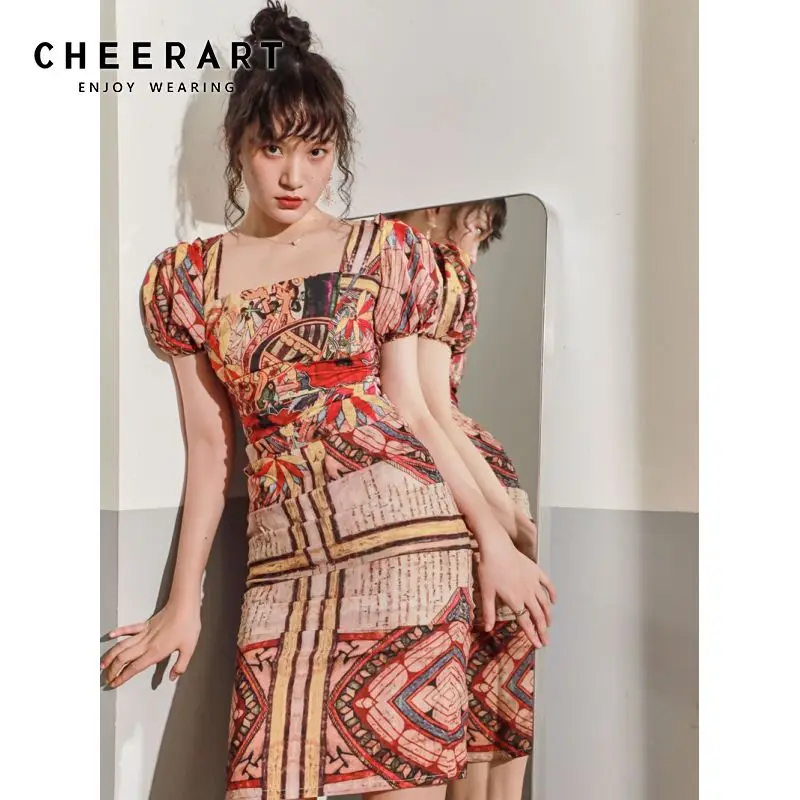 

Винтажное облегающее платье CHEERART Court, Летняя туника с пышными рукавами и квадратным вырезом, женское облегающее платье, женское платье из ви...