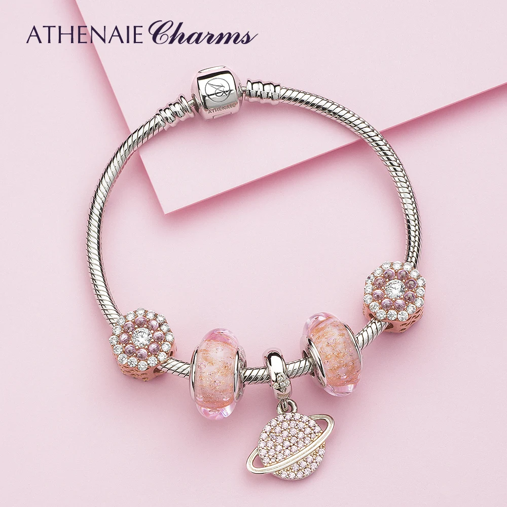 ATHENAIE, 925 пробы, серебряный, розовый, CZ, планета Сатурн, подвески, подвески, свисающие, подходят к оригинальному Шарму, браслеты, ожерелья для женщин