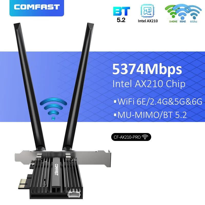 

5374Mbps Tri-Band 2.4G/5.8G/6GHz Wireless Desktop PCI-E Network Card Intel AX210 WiFi 6E Adapter 802.11ax BT 5.2 for WIN10 64bit