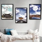 Картина HD на холсте для украшения стен офиса, 3 шт., озеро, дворец, луна, голубое небо, пейзаж
