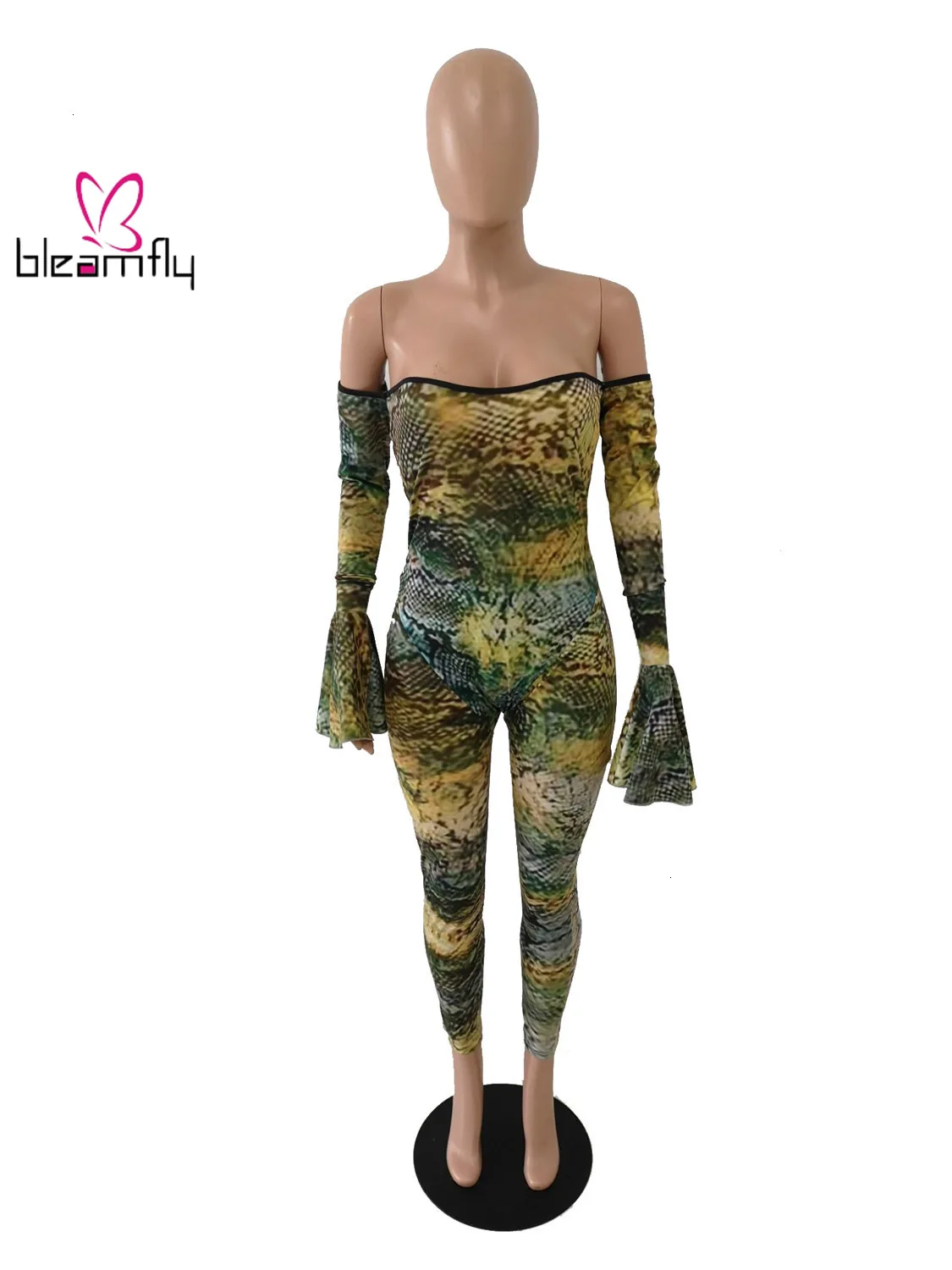 2019 сексуальный женский комбинезон со змеиным принтом расклешенный боди с