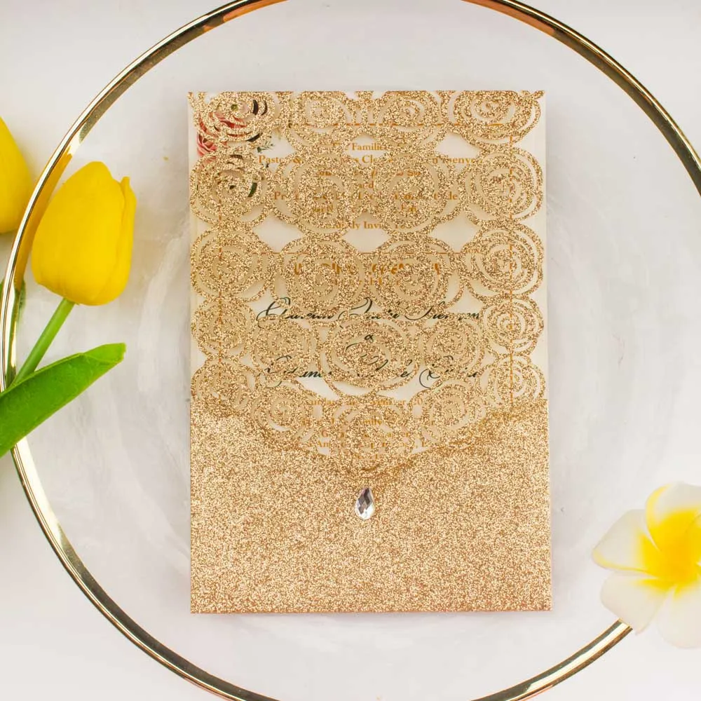 

50pcs Hollow Laser Cut Rose Gold Glitter Paper Card Wedding Invitation Cards With Diamond Greeting Pocket Invite Cover For Party