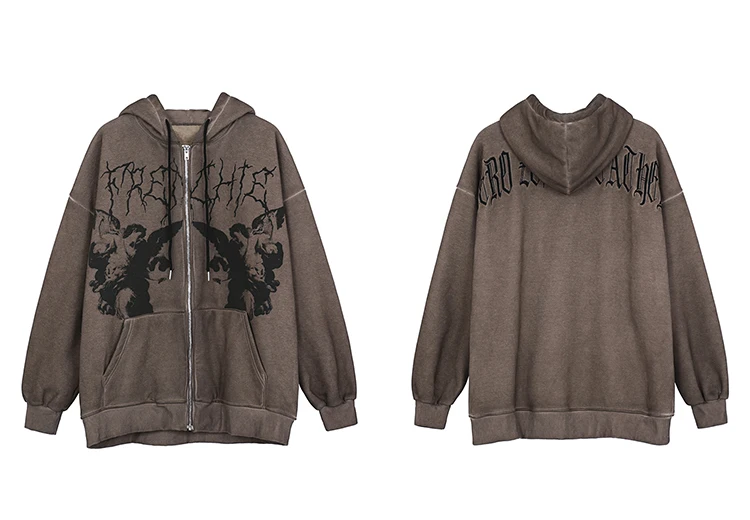 

2021 Men's Hip hop Streetwear Hoodie Angel Dark print Jacket Harajuku Cotton Wool Fall/Winter jacket Jacket Zipper