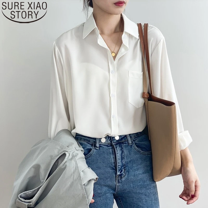 

Женская блузка с длинным рукавом, повседневная однотонная белая блузка в Корейском стиле, осень, 11354