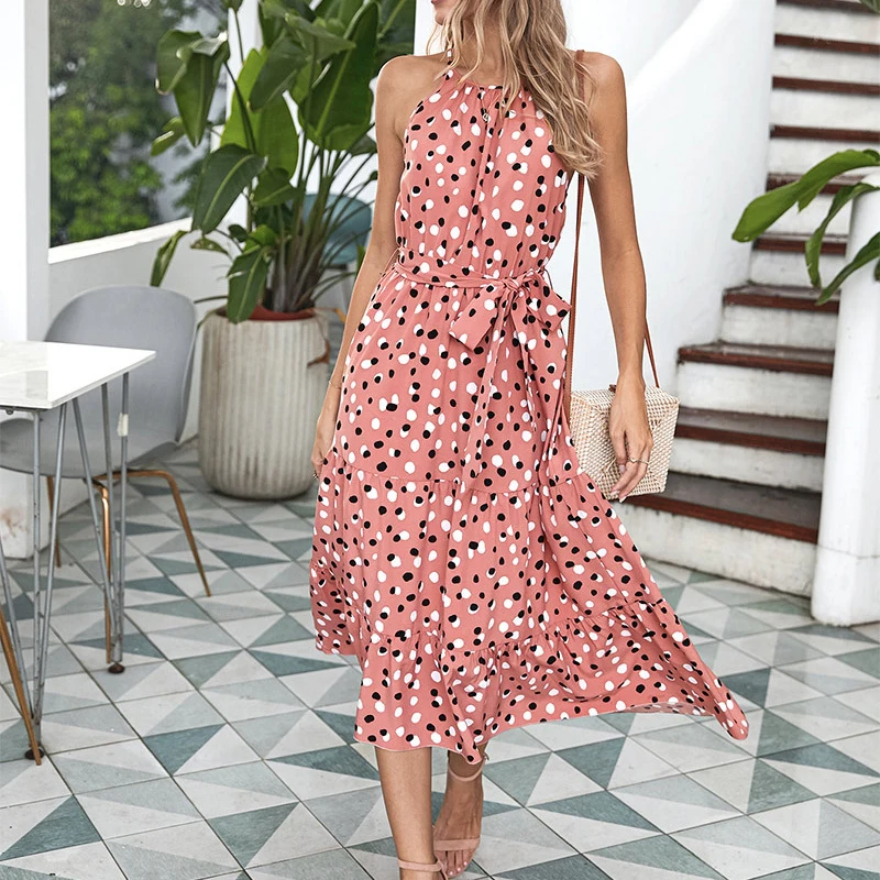 

hirigin Fashion Pot Print Summer Dress Women Summer Sleeveless Dress Adults Tie-up Long Dot Print Round Neck Long Dress